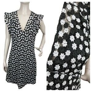 Michael Kors Daisy Floral Mesh Lace Flutter Sleeve Deep V-Neck Mini Dress NEW